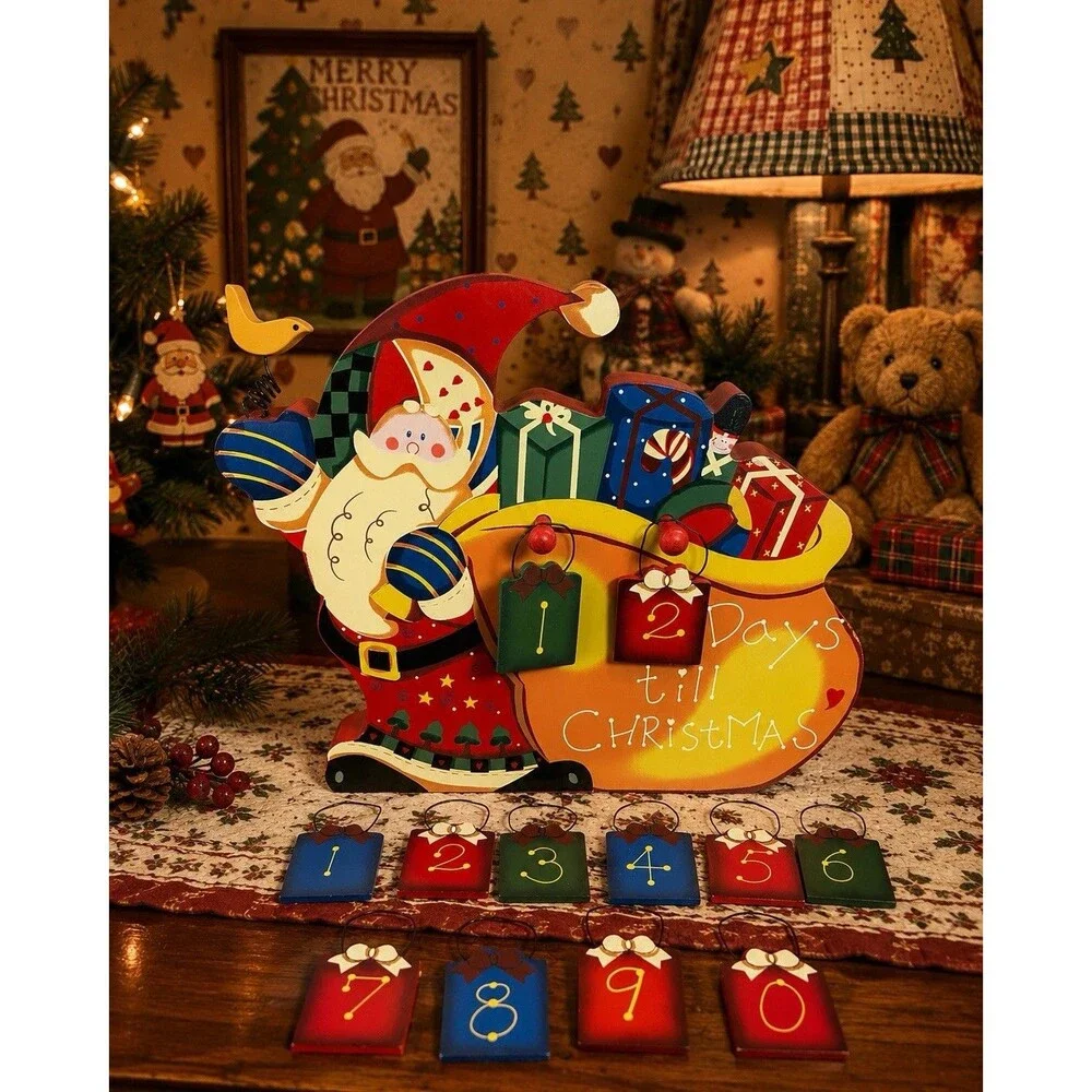 Vintage Wooden Santa Christmas Countdown Calendar Wall Hanging Shelf Sitter Deco